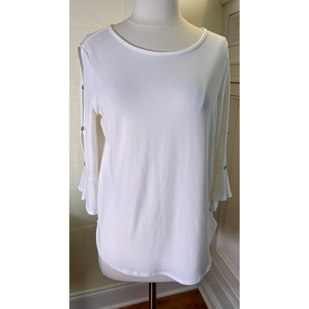 Green Envelope LA‎ White Blouse Medium Button Detail Bell Sleeves Made USA